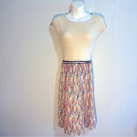 🍓Weston Anthropologie Arcata Beige Dress Feather Print Stretch Top Sz Small M - Picture 6 of 15